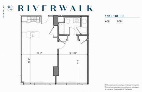 Floor plan for 1 bed, 1 bath, 790 sqft
